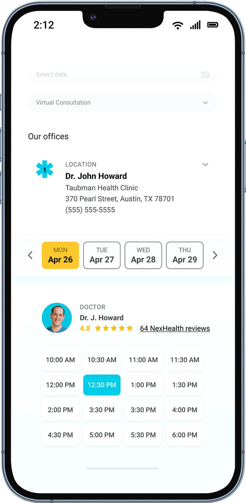 nexhealth online booking scheduling device mockup